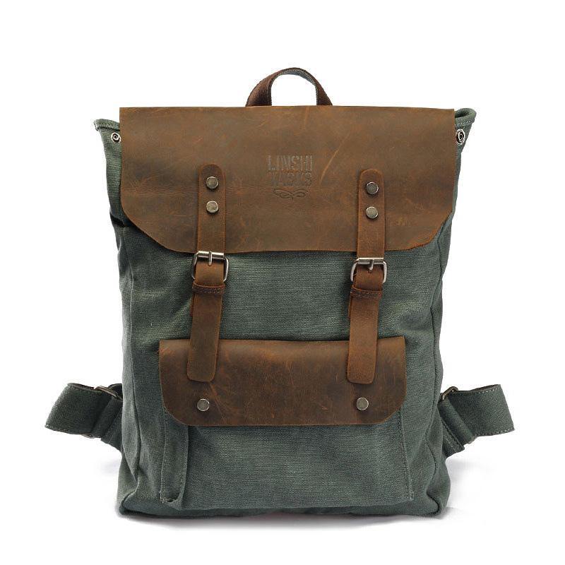 Fashion Canvas Leather Womens Army Green Backpack School Backpack Canvas Travel Backpack For Men - iwalletsmen