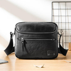 Casual Black Leather Mens 10 inches Postman Bag Black Courier Bag Messenger Bags Side Bag for Men - iwalletsmen