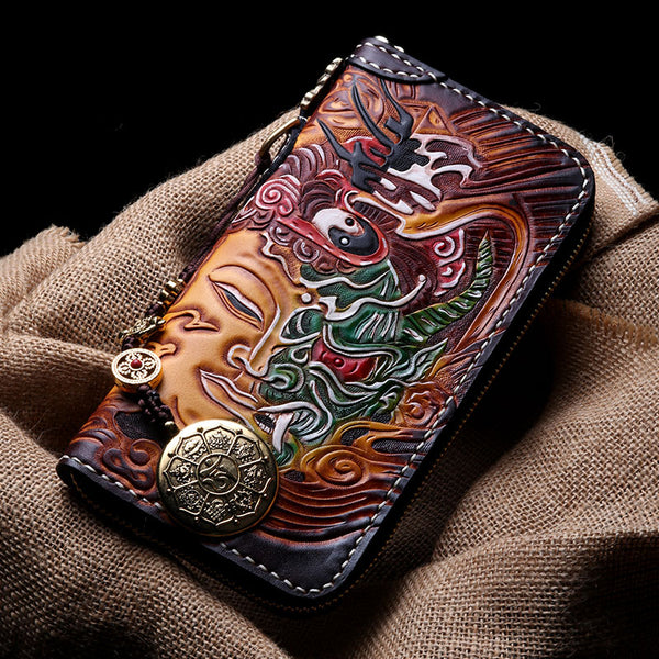 Handmade Leather Buddha&Demon Mens Chain Biker Wallet Cool Leather Wallet With Chain Wallets for Men