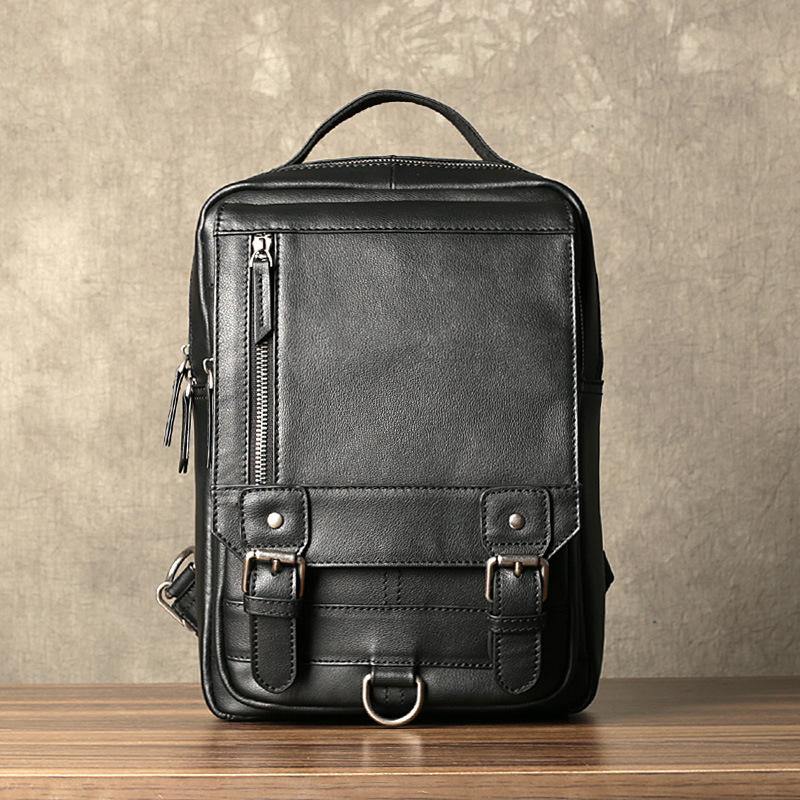 Black Leather Men's 10 inches Sling Bag Computer Backpack Black Travel Backpack Black Sling Pack For Men - iwalletsmen