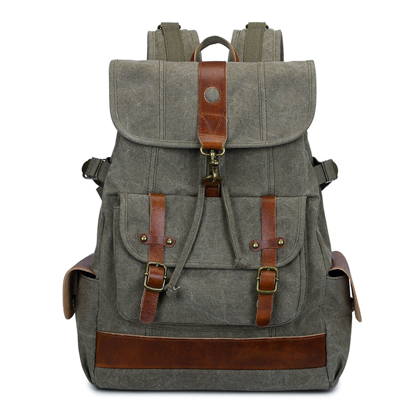 Canvas Leather Mens 15" Black Hiking Backpack Army Green Travel Backpack Blue College Backpack for Men - iwalletsmen