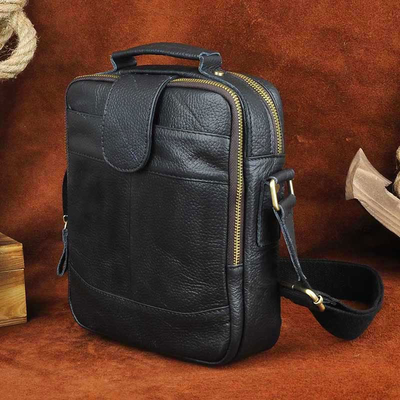 Small Leather Mens Side Bag Courier Bag Black Messenger Bags