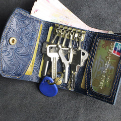 Navy Leather Wallet for Keys Mens Key Wallet Car Key Wallet Trifold Key Wallet Holder Key Case Wallet