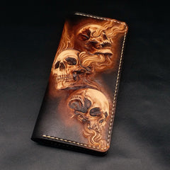 Dark Coffee Handmade Tooled Three Skulls Leather Mens Long Wallet Bifold Clutch For Men - iwalletsmen