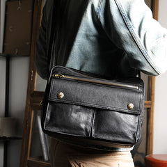 Black Genuine Leather Mens Cool Small Side Bag Messenger Bag Black Courier Bag for Men - iwalletsmen