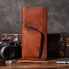 Handmade Leather Mens Cool Long Leather Wallet Zipper Phone Clutch Wallet for Men