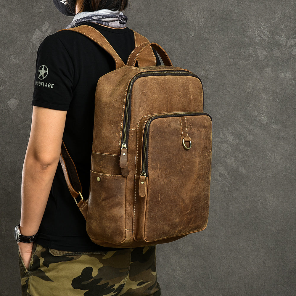Cool Leather Mens 15" Retro Brown Hiking Backpack Travel Backpack College Backpack for Men - iwalletsmen