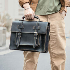 Vintage Black Mens Leather Briefcases Work Handbags Brown 14'' Computer Briefcase For Men - iwalletsmen