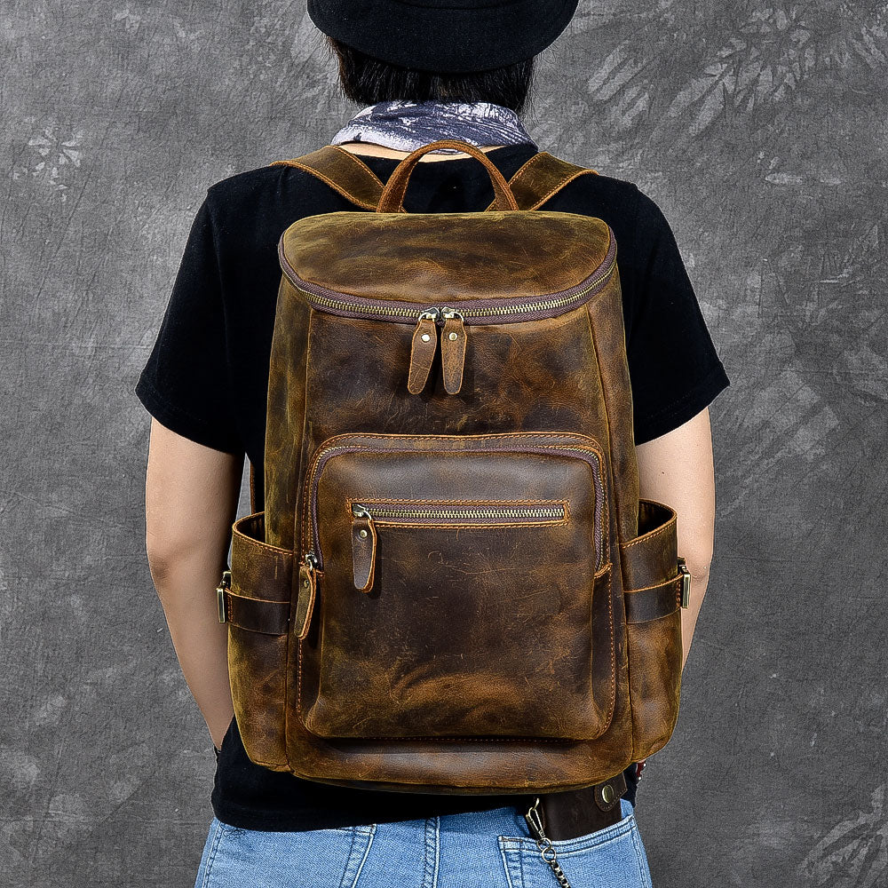 Brown Leather Mens 14" Laptop Large Backpack Hiking Backpack Travel Backpack College Bag for Men - iwalletsmen
