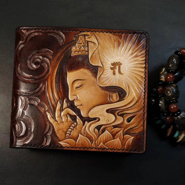Handmade Leather Avalokitesvara Tooled Mens billfold Wallet Cool Leather Wallet Slim Wallet for Men - iwalletsmen