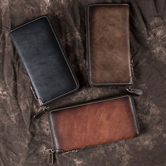 Brown Vintage Chain Wallet Leather Mens Gray Long Biker Wallet Zipper Clutch Wallet For Men - iwalletsmen