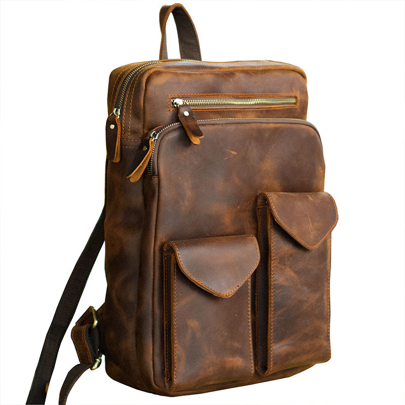 Cool Brown Leather Mens 14" Laptop Backpack Hiking Backpack Travel Backpack College Bag for Men - iwalletsmen
