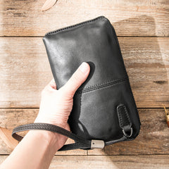 Black Leather Mens Long Zipper Clutch Wallet Wristlet Bag Long Wallet Phone Purse for Men - iwalletsmen