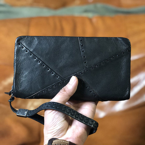 Handmade Genuine Leather Mens Cool Long Leather Wallet Biker Wallet Zipper Clutch Wristlet Wallet for Men