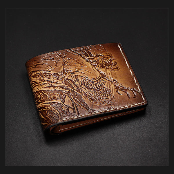 Handmade Leather Tooled Alien Mens billfold Wallet Cool Leather Wallet Slim Wallet for Men