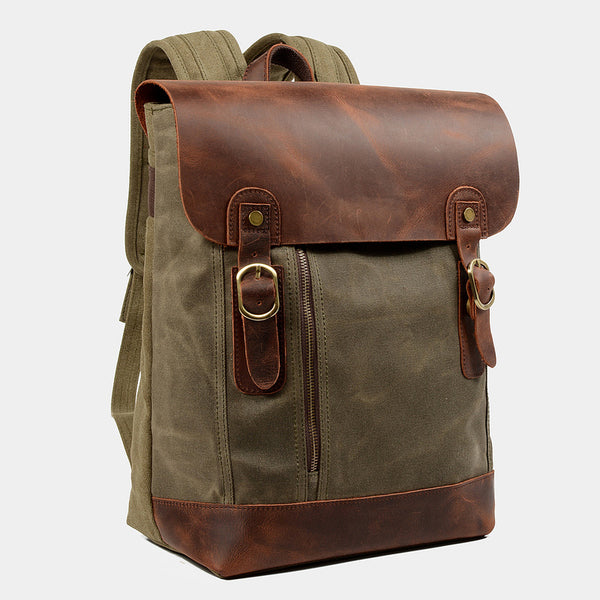 Waxed Canvas Leather Mens 14'' Waterproof Black School Backpack Green Travel Backpack for Men - iwalletsmen