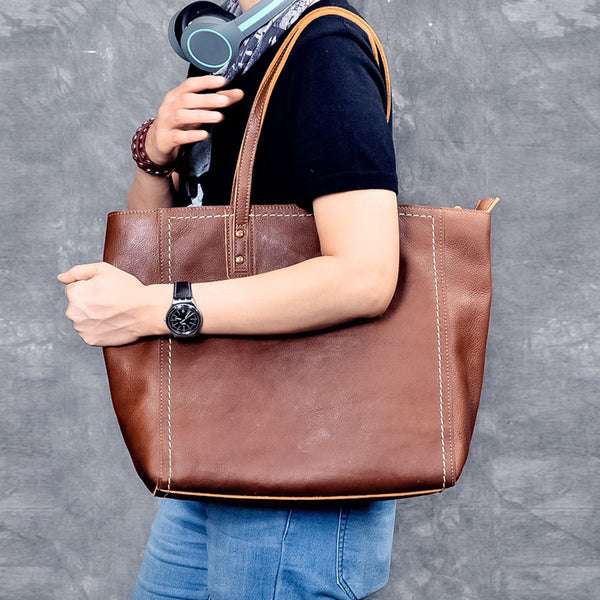 Leather Mens Womens 15" Large Shoulder Bag Brown Tote Bag Large Side Bag Dark Coffee Handbag For Men - iwalletsmen