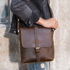 Dark Brown Casual Leather Mens 10 inches Vertical Side Bag Postman Bag Brown Messenger Bag Courier Bag for Men - iwalletsmen
