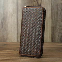 Braided Leather Long Wallet for Men Woven Bifold Long Wallet Brown Zip Cards Wallet For Men - iwalletsmen