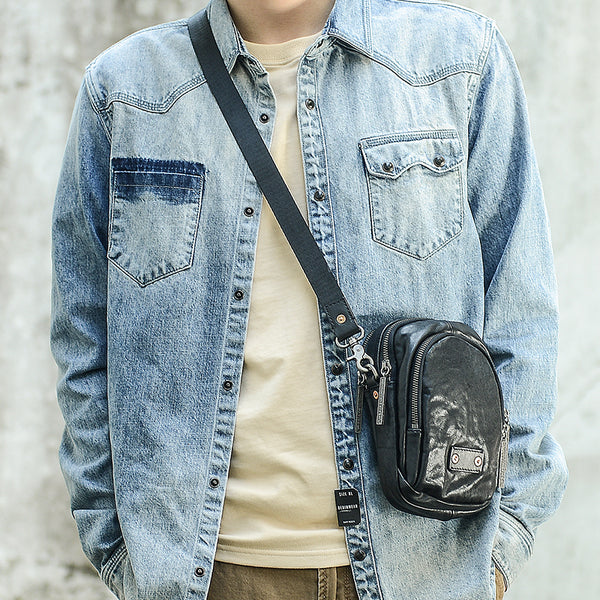 CASUAL BLACK LEATHER MEN'S MIni Vertical Side Bags MESSENGER BAG BLACK Belt Bag Blet Pouch FOR MEN - iwalletsmen