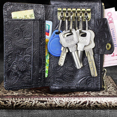 Handmade Leather Floral Mens Cool Key Wallet Wallet Card Holder Small Card Keychain Wallets for Men