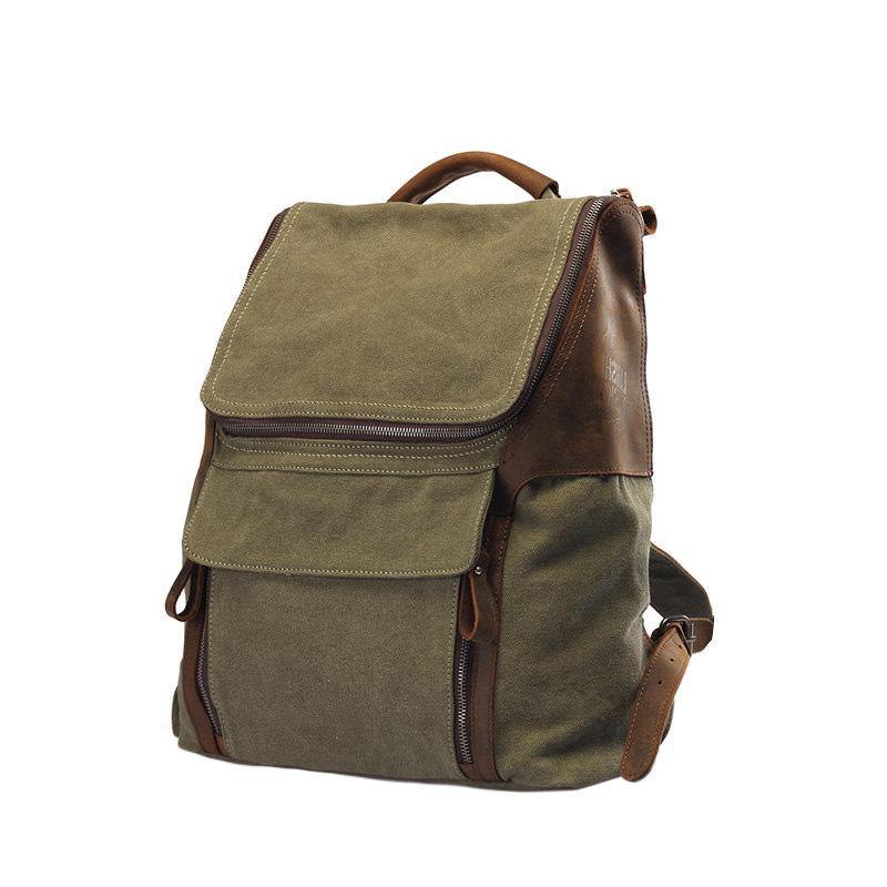 Fashion Canvas Leather Mens Large Army Green Backpack School Backpack Canvas Travel Backpack for Men - 2 - iwalletsmen