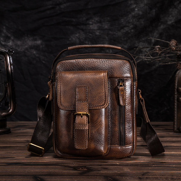 Dark Brown Leather Small Zipper Messenger Bag Vertical Side Bag Brown Courier Bag For Men - iwalletsmen