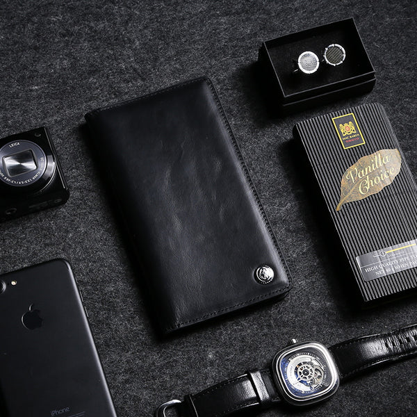 Fashion Leather Men's Trifold Long Wallet Black Gray Long Wallet For Men - iwalletsmen