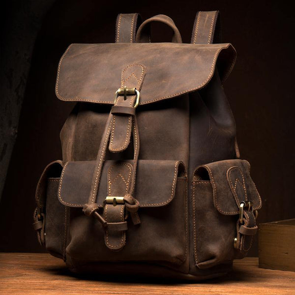 Casual Dark Brown Leather Mens 12 inches Laptop Backpack Leather school Backpack for Men - iwalletsmen