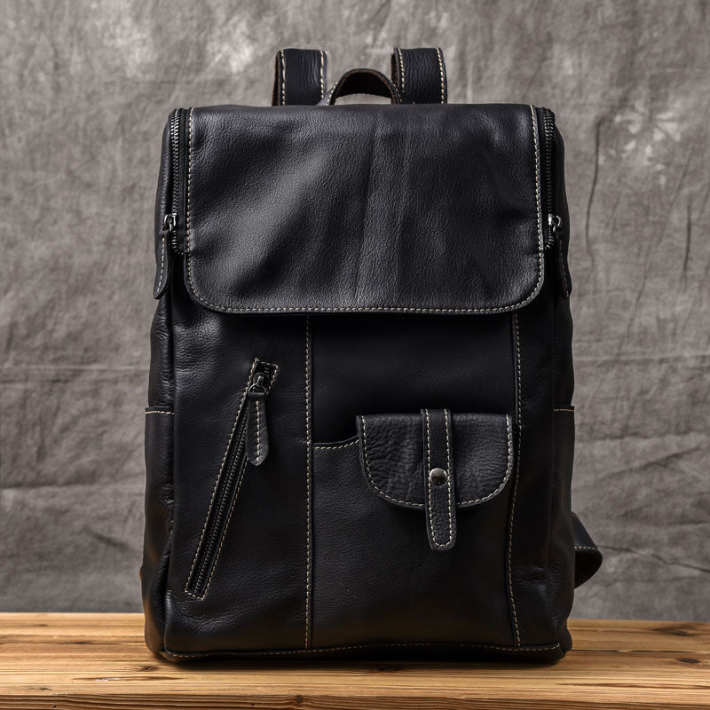 Black Leather Mens 14" Laptop Backpack Backpack Travel Backpack College Backpack for Men - iwalletsmen