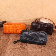 Vintage Brown Leather Men's Clutch Long Wallet Zipper Black Wristlet Wallet For Men - iwalletsmen