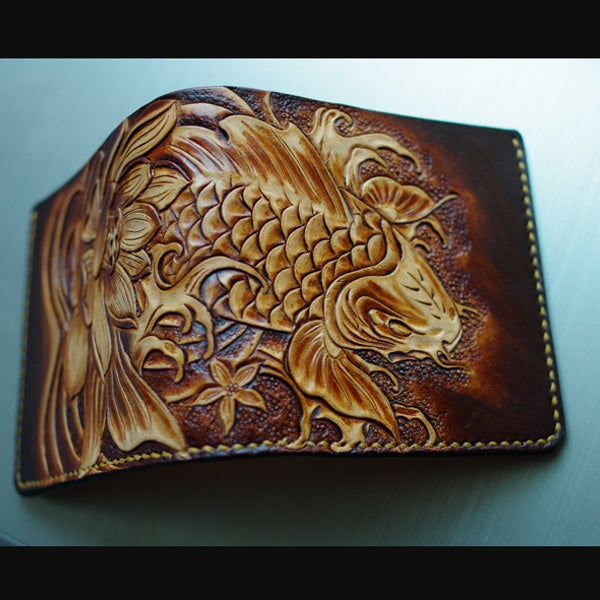 Handmade Leather Carp Tooled Mens billfold Wallet Cool Slim Wallet Biker Wallet for Men
