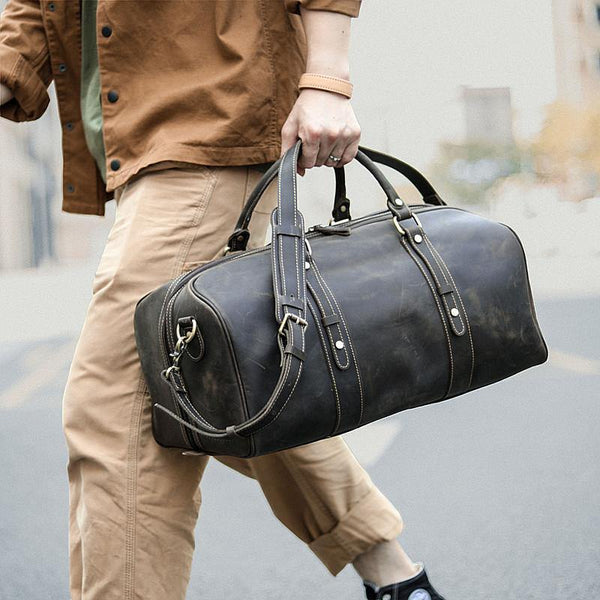 Dark Brown Leather Mens Casual Large Travel Bag 16" Shoulder Weekender Bag Duffle Bag For Men - iwalletsmen