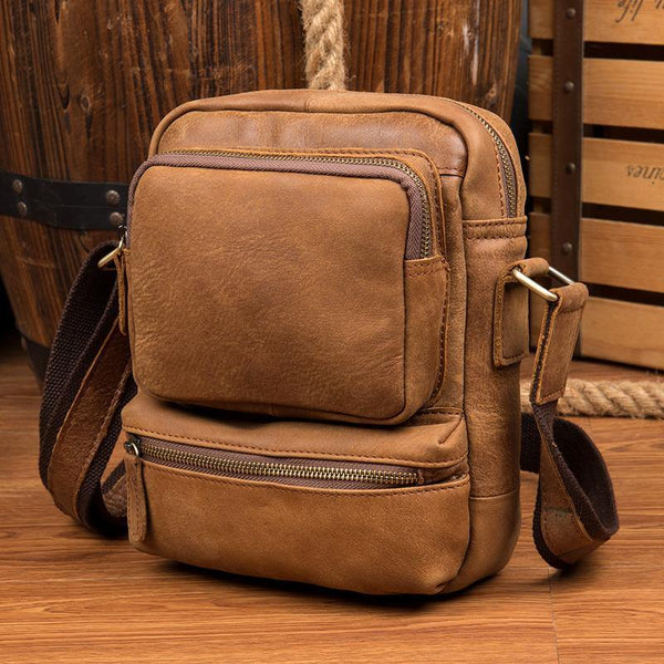 Cool Khaki Leather 10 inches Vertical Side Bag Messenger Bag Tan Courier Bag for Men - iwalletsmen