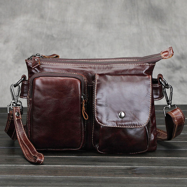 Cool Small Coffee Leather Mens Messenger Bag Shoulder Bag for Men - iwalletsmen