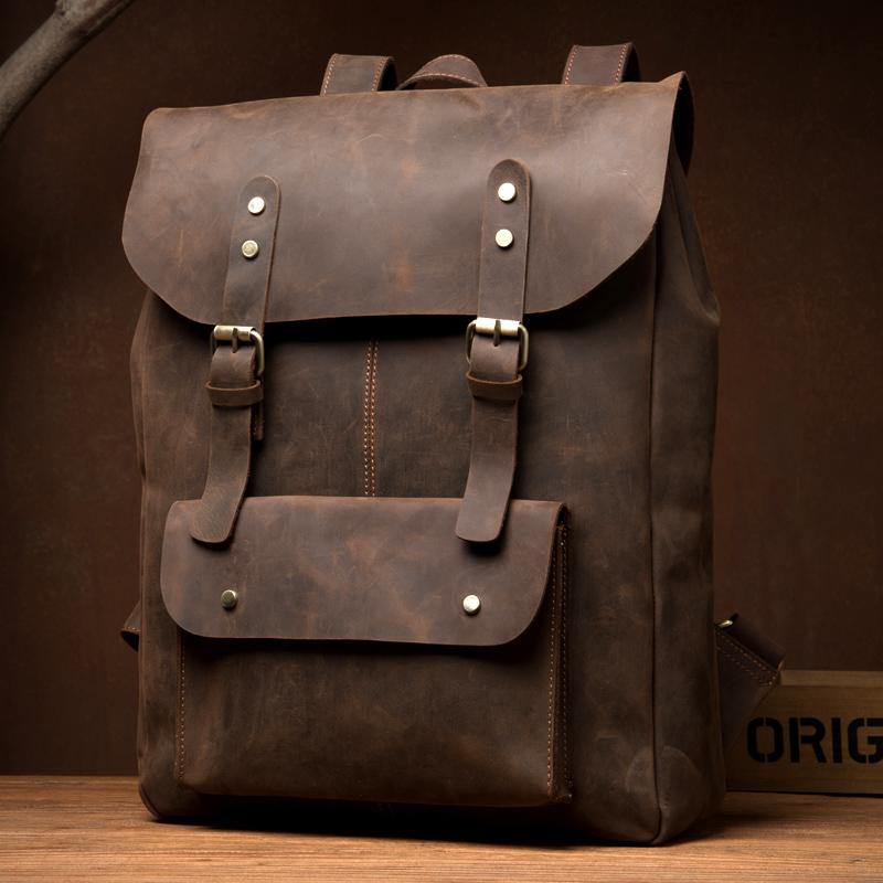 Casual Brown Mens Leather 15-inch Large Backpack Travel Backpacks Computer Backpacks for men - iwalletsmen