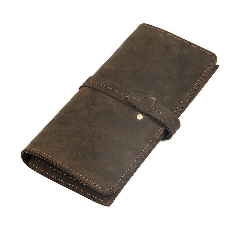 Coffee Leather Long Wallet for Men Checkbook Wallet Bifold Long Wallet With Coin Pocket For Men - iwalletsmen