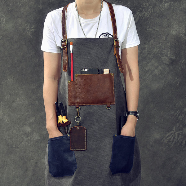 Canvas Leather Mens Womens Blue Craftsman Apron Cafe Staff Apron Work Apron for Men - iwalletsmen