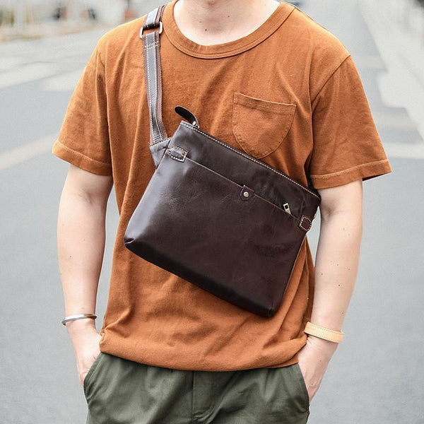 Dark Coffee Leather Mens Casual Small Courier Bag Messenger Bags Brown Postman Bag For Men - iwalletsmen