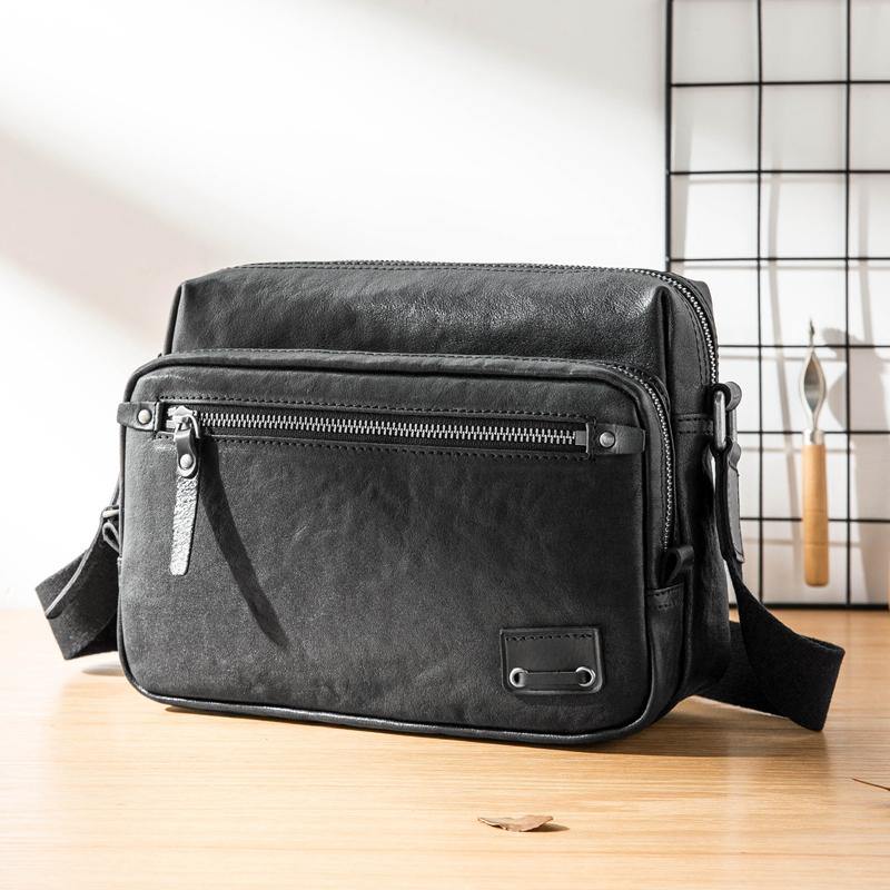 Black Cool Leather Mens 10 inches Courier Bag Postman Bag Black Messenger Bags Side Bag for Men - iwalletsmen
