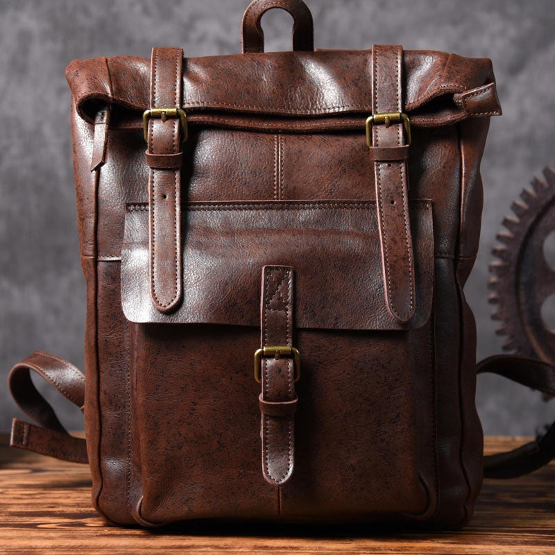 Handmade Leather Mens Cool Backpack Sling Bag Large Coffee Travel Bag Hiking Bag for men