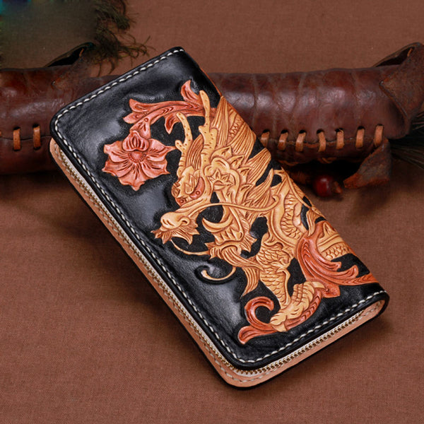 Handmade Leather Mens Clutch Wallet Cool Chinese Dragon Tooled Wallet Long Zipper Wallets for Men