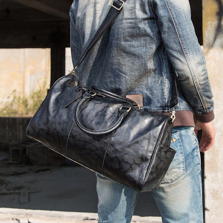 Fashion Black Leather Mens 16 inches Weekender Bag Black Side Bag Trav