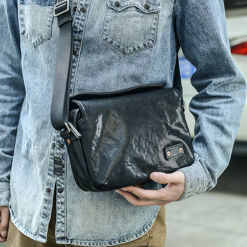 Casual Black Leather Mens 10 inches Side Bag Small Messenger Bag Black Postman Bag For Men - iwalletsmen