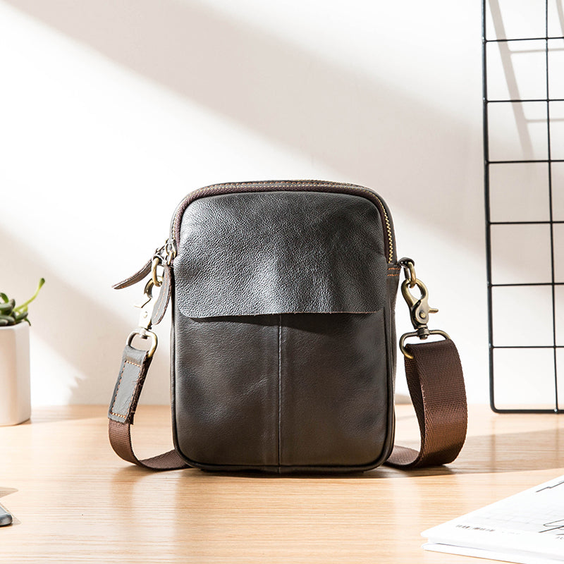 Black Casual Leather Mens Vertical Mini Side Bag Small Messenger Bags Belt Bag for Men - iwalletsmen