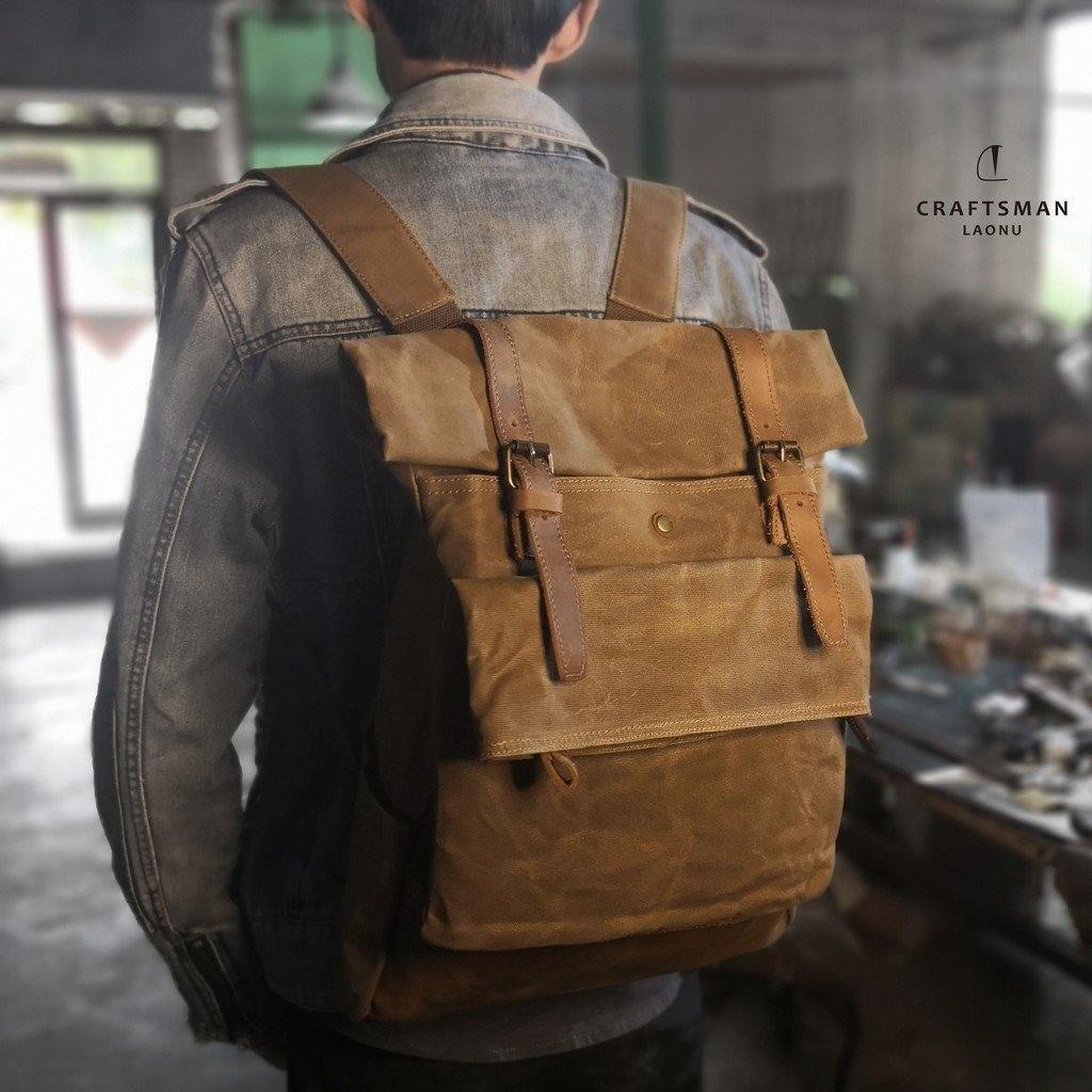 Khaki Oiled Wax Canvas Mens Rollup Backpack Travel Backpack Hiking Backpack Outdoor Backpack For Men - iwalletsmen