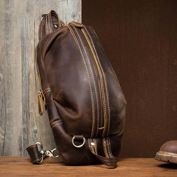 Cool Dark Brown Leather Mens Sling Pack Sling Bags Light Brown Crossbody Pack Chest Bag for men - iwalletsmen