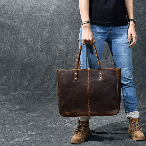 Leather Mens Womens 14" Large Tote Shoulder Bag Vintage Brown Tote Bag Large Side Bag For Men - iwalletsmen