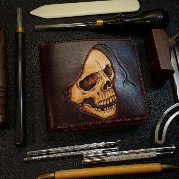 Handmade Leather Skull Tooled Mens Billfold Wallet Death Leather Wallet Slim Wallet for Men - iwalletsmen