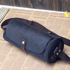 Gray Canvas Leather Mens Green Barrel Postman Bag Bucket Messenger Bag Side Bag For Men - iwalletsmen